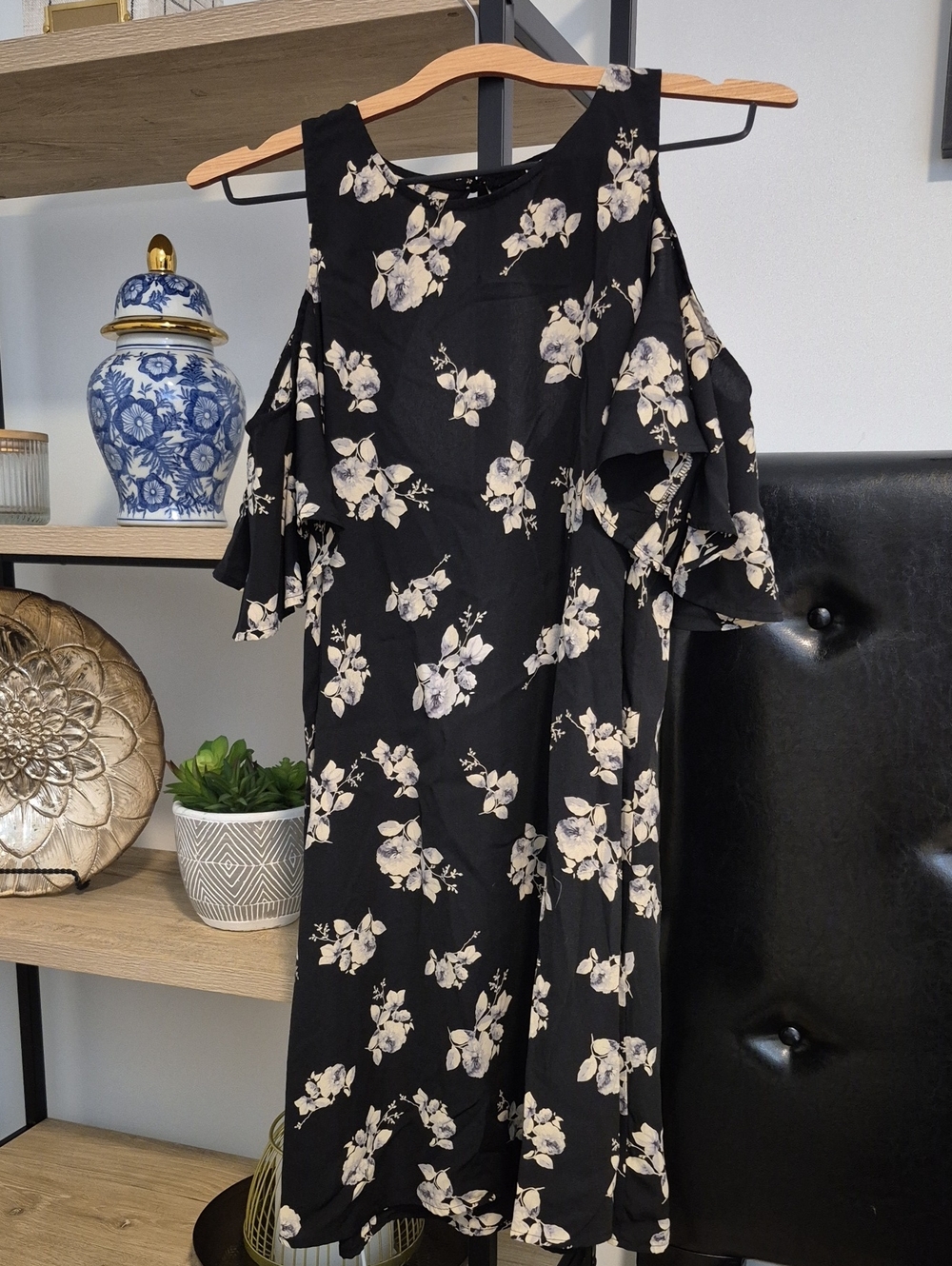 Soprano Black Midi Dress with Cream Floral Print, Cold Shoulder